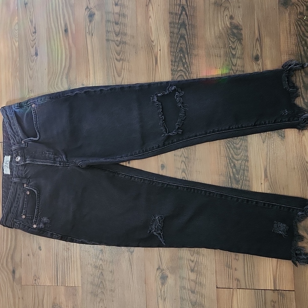 Free People Good Times Relaxed‎ Distressed Straight Leg Black Button Fly Size 26